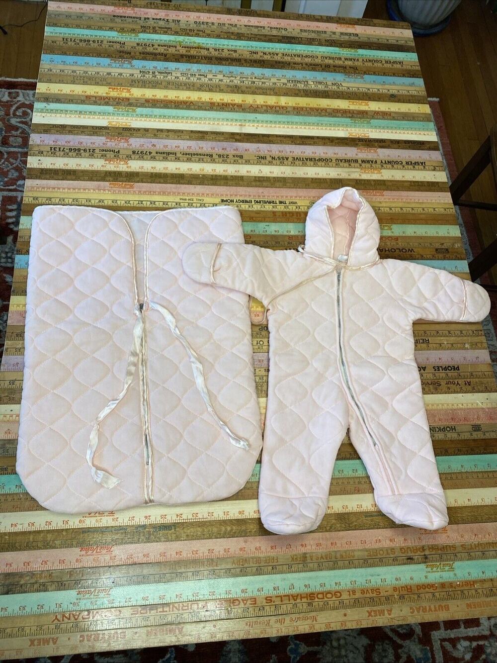 VINTAGE Baby Girl Quiltex Snowsuit Pink Quilted Zip Sleep Sack Bunting Newborn